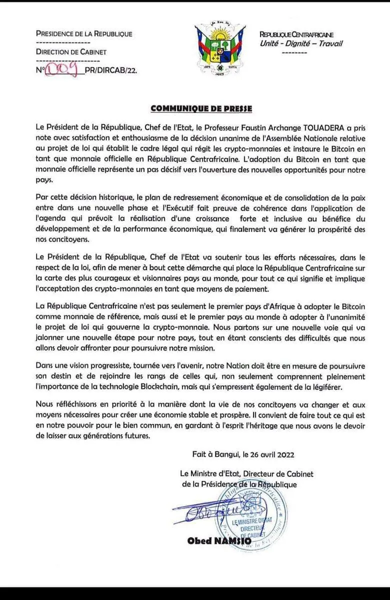 CAR Adopts Bitcoin as Legal Tender. Source: Central African Republic Presidency