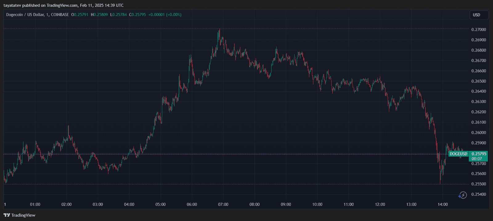 Dogecoin Price Fluctuates Between $0.2540 and $0.2700. Source: TradingView