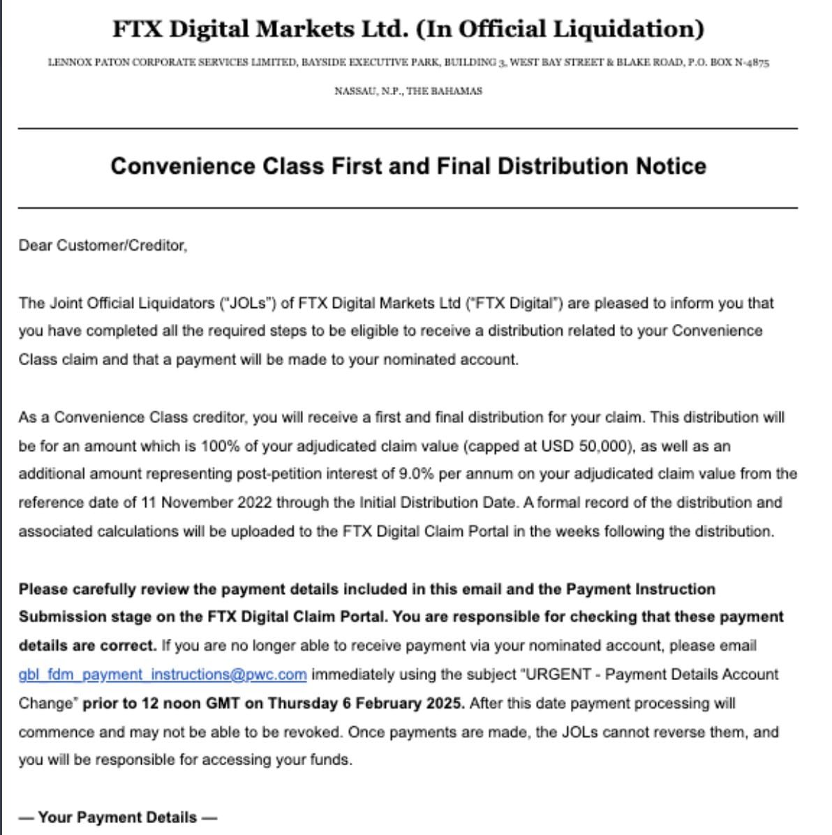  FTX Convenience Class Distribution Notice. Source: FTX Digital Markets