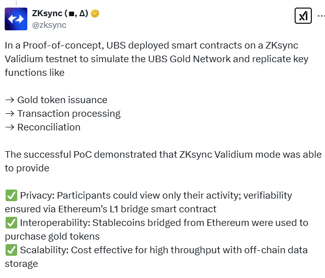 UBS ZKsync Gold Test. Source: ZKsync