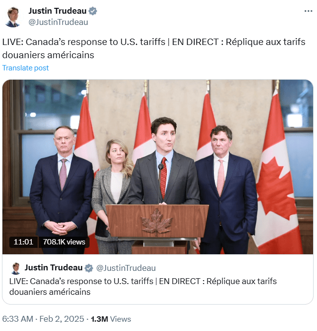 Trudeau Responds to U.S. Tariffs. Source: Justin Trudeau on X