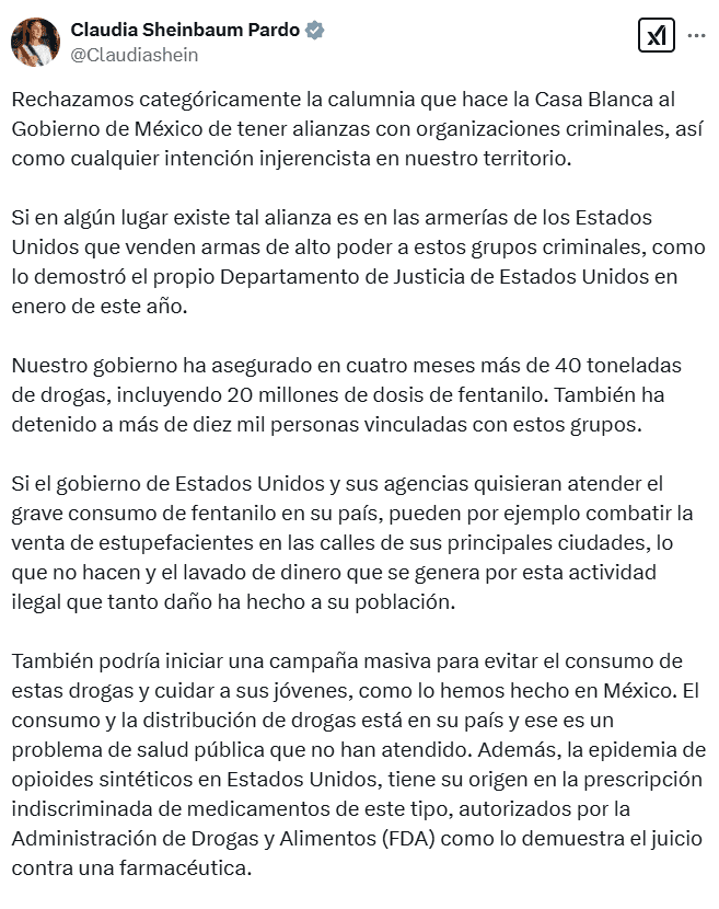 Mexico Rejects U.S. Accusations. Source: Claudia Sheinbaum on X