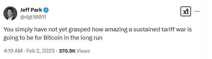 Tariff War and Bitcoin. Source: Jeff Park on X