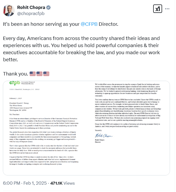 Rohit Chopra CFPB Farewell Letter. Source: 