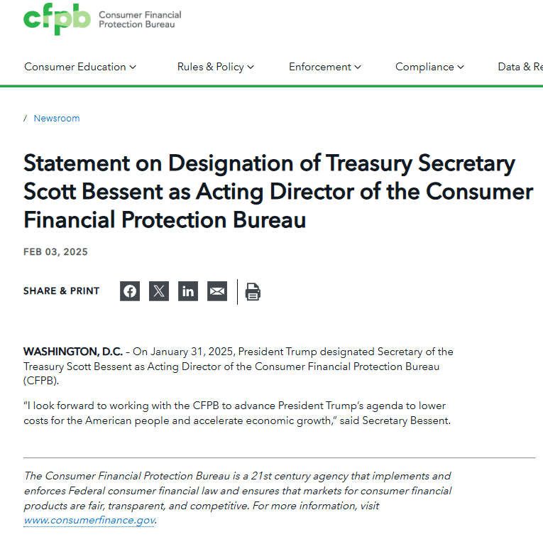 Scott Bessent CFPB Appointment Statement. Source: CFPB
