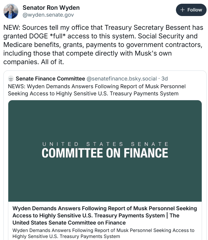 Wyden on Treasury Access. Source: Senate Finance Committee