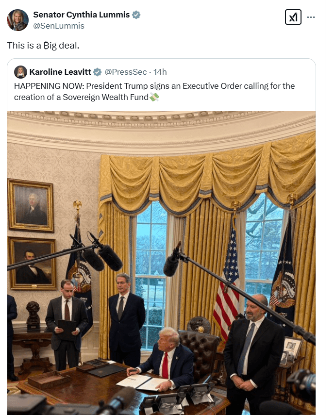 Trump Signs Sovereign Wealth Fund Order. Source: Senator Cynthia Lummis.
