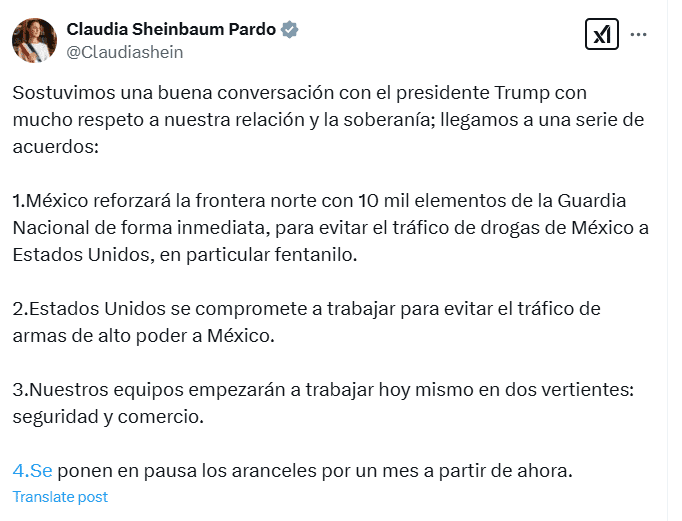 Mexico-US Tariff Agreement. Source: Claudia Sheinbaum Pardo