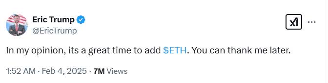 Eric Trump Ethereum Statement. Source: