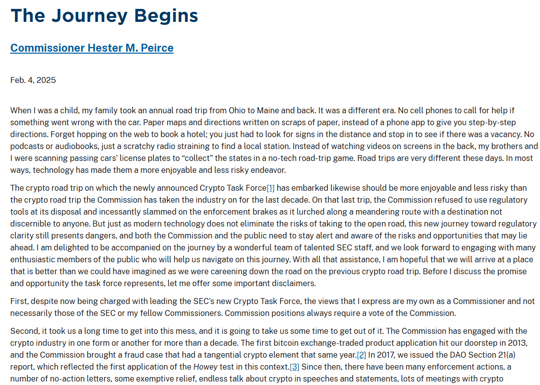SEC Commissioner Hester Peirce Introduces Crypto Task Force in 'The Journey Begins' Statement. Source: U.S. Securities and Exchange Commission