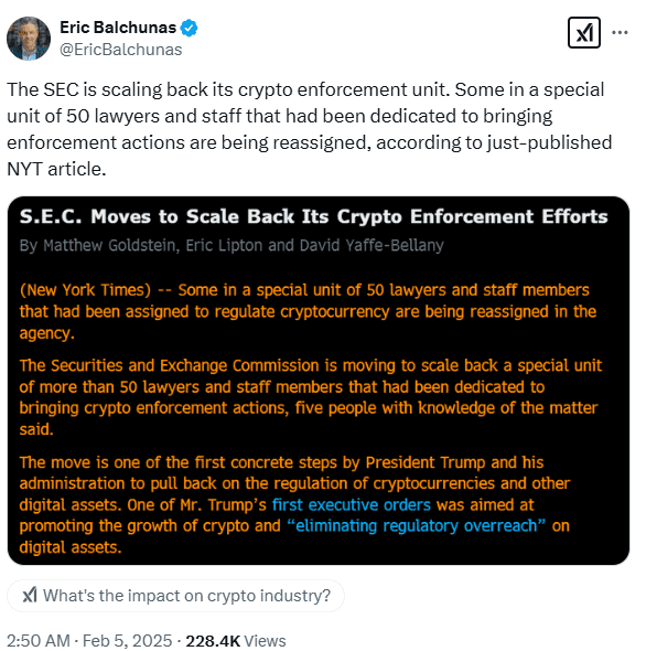 SEC Reduces Crypto Unit. Source: 