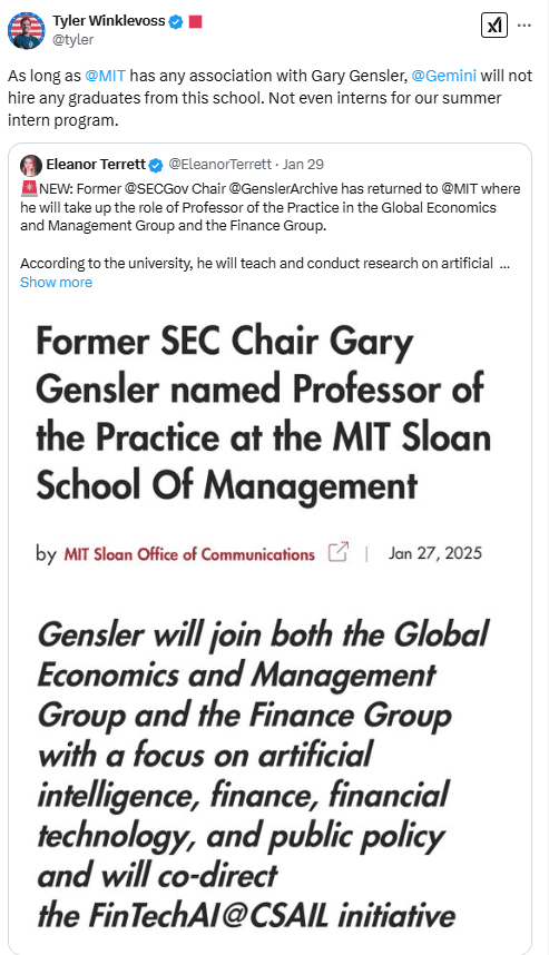  Tyler Winklevoss on MIT-Gensler Ties. Source: 