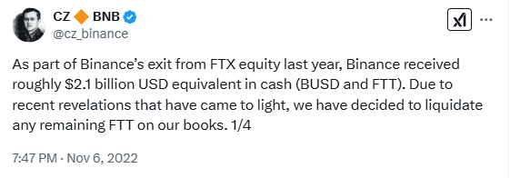 Binance Liquidates FTT Holdings. Source: @cz_binance