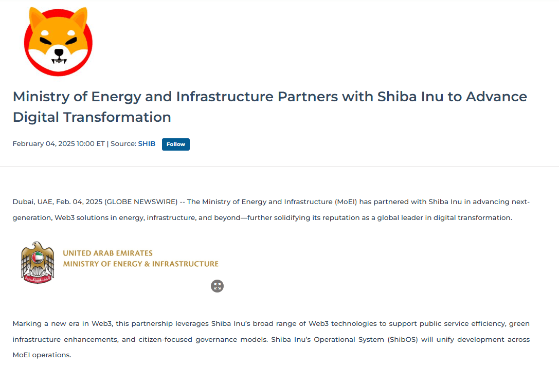 UAE MoEI Partners Shiba Inu. Source: SHIB