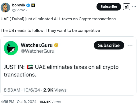 UAE Crypto Tax Exemption. Source: Watcher.Guru
