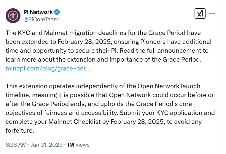 KYC Grace Period Deadline Extension. Source: PiCoreTeam
