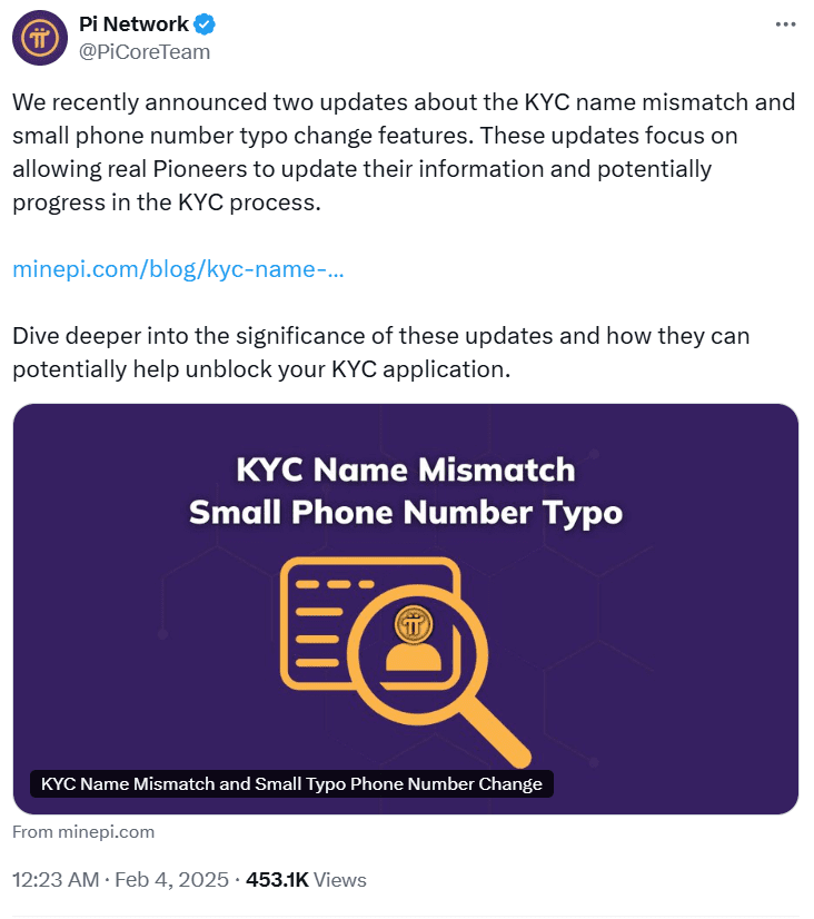 KYC Name and Phone Fix Update. Source: minepi.com