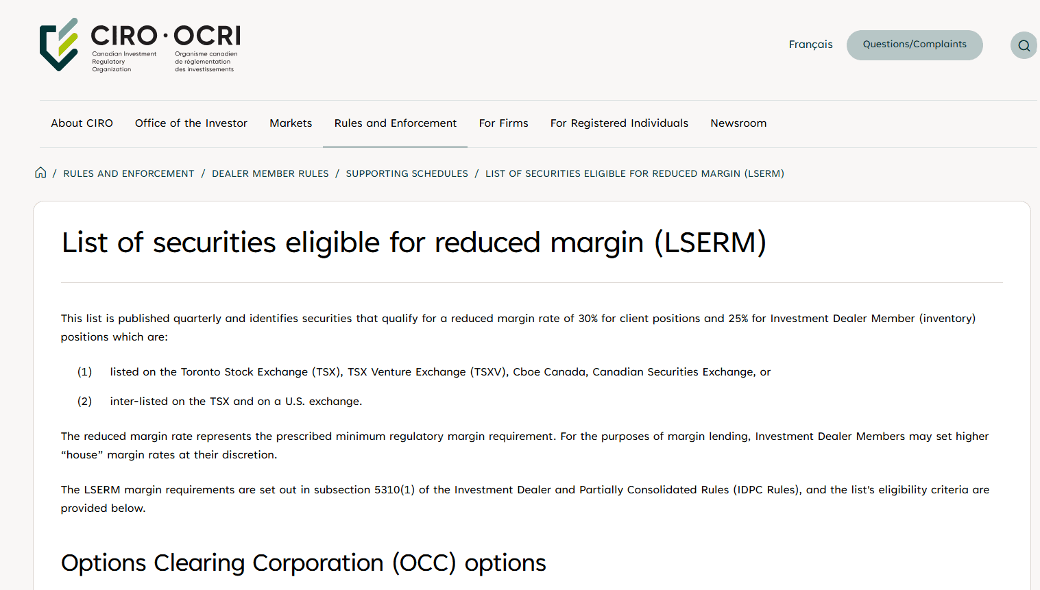 Reduced Margin List CIRO. Source: CIRO