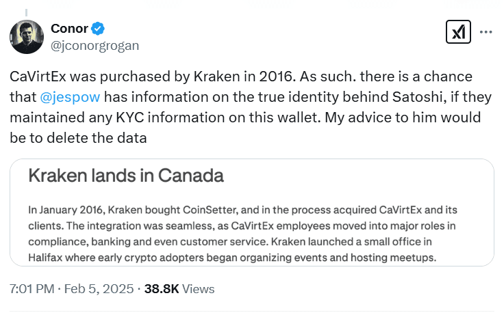  Kraken’s Link to Satoshi Identity. Source: Conor Grogan