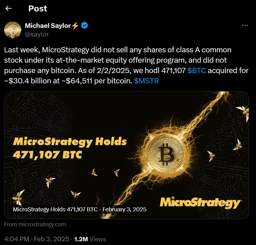 MicroStrategy holds 471,107 BTC worth $30.4B. Source: X