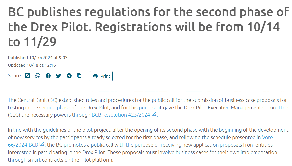 BC Drex Pilot Regulations Phase 2 BCB Resolution 423 2024" Source: Central Bank of Brazil