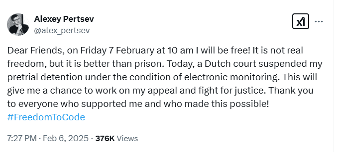 Alexey Pertsev Bail Announcement. Source: 