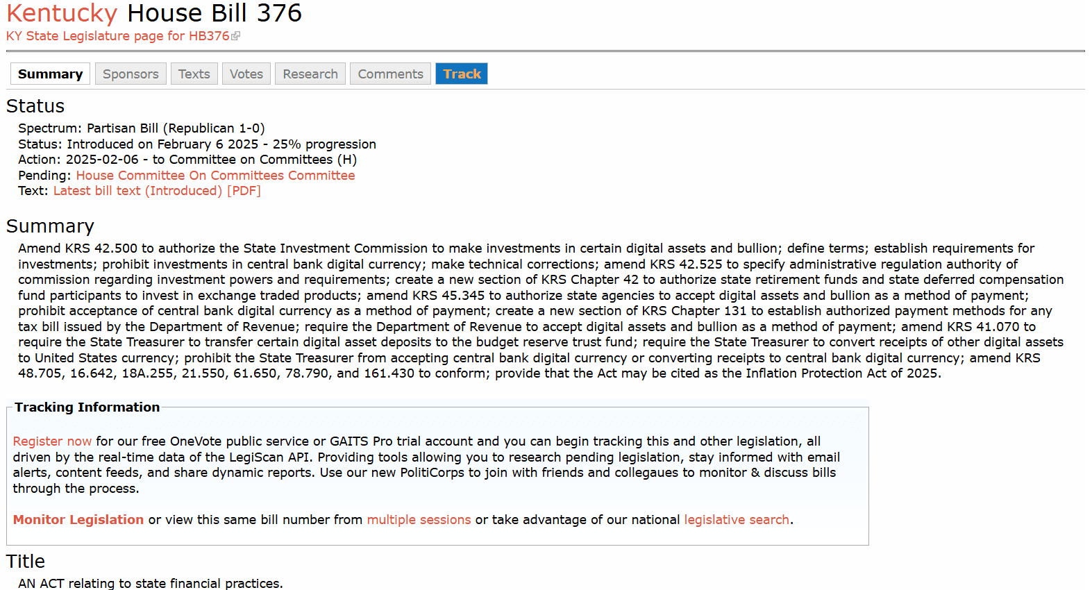 Kentucky House Bill 376 Summary. Source: LegiScan