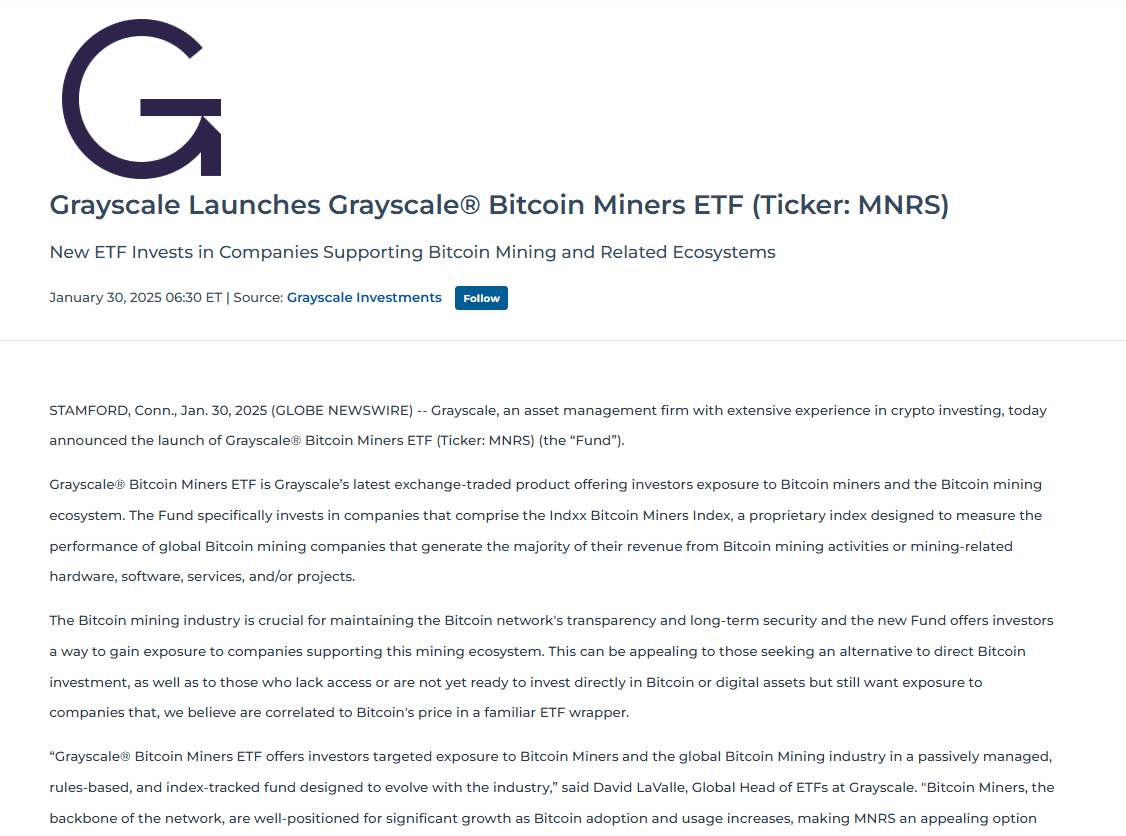 Grayscale Bitcoin Miners ETF Launch. Source: Grayscale Investments