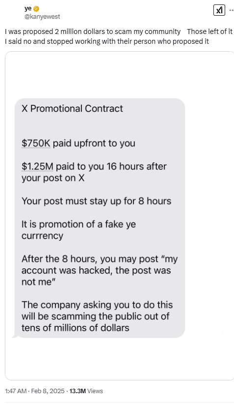  Kanye West Crypto Scam Proposal. Source: X/Kanye West