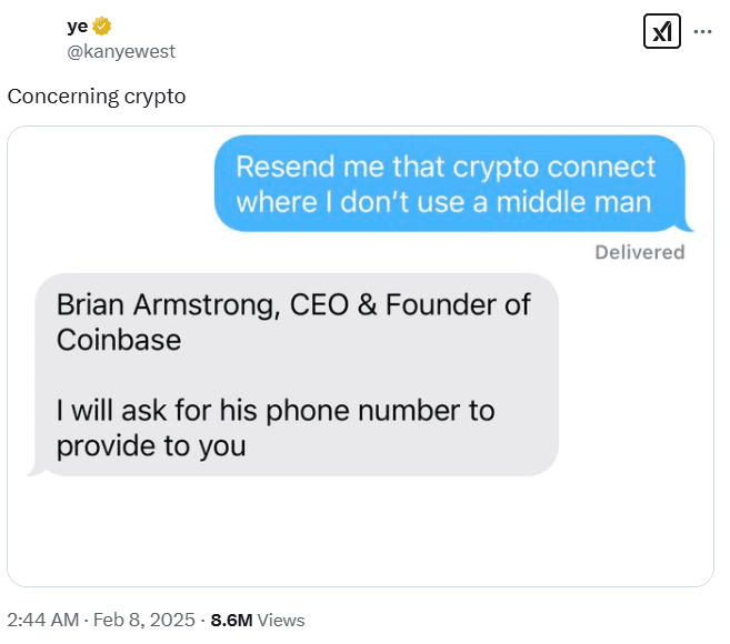 Kanye West Crypto Contact Request. Source: X/Kanye West