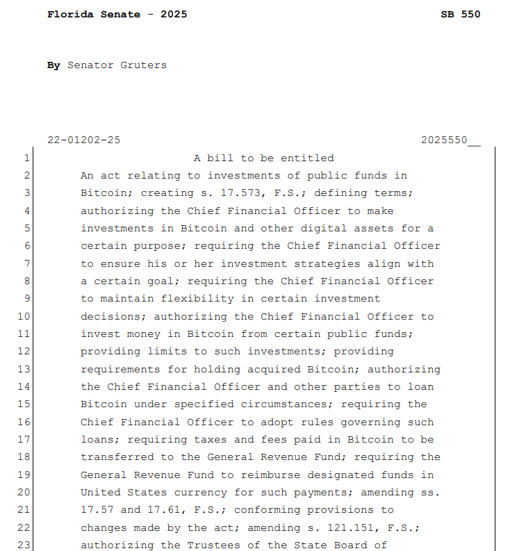 Gruters suggests granting the chief financial officer permission to invest Bitcoin across various funds in Florida. Source: Florida Senate