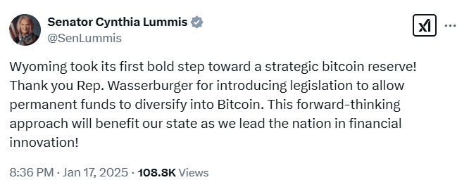 Wyoming Bitcoin Reserve Push. Source: Senator Cynthia Lummis