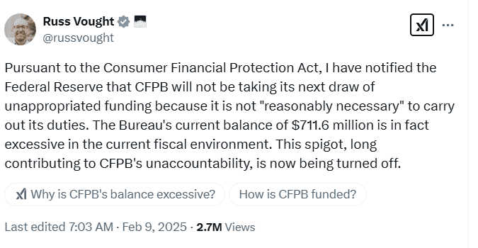 Russ Vought CFPB Funding Freeze. Source: X