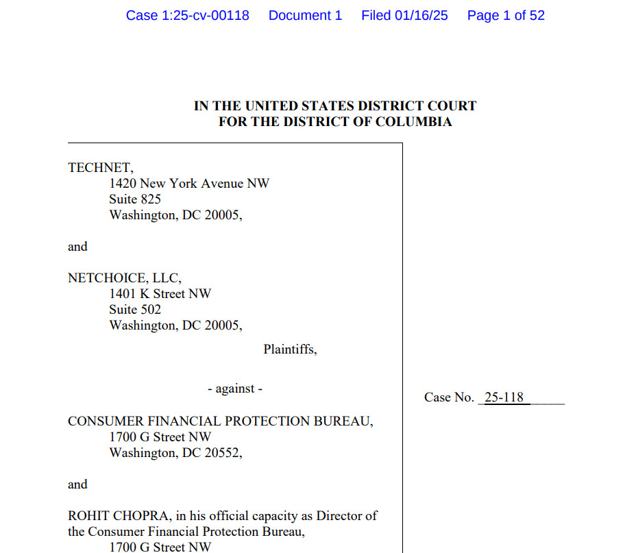 TechNet and NetChoice vs CFPB Lawsuit. Source: U.S. District Court