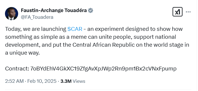 CAR Meme Token Launch. Source: Faustin-Archange Touadéra