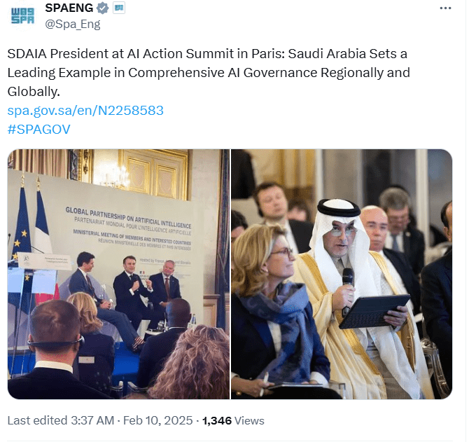 Saudi Arabia at AI Action Summit Paris. Source: SPAENG