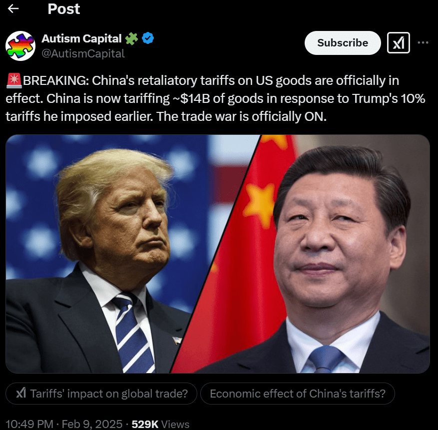 China imposes $14B tariffs in trade war. Source: X