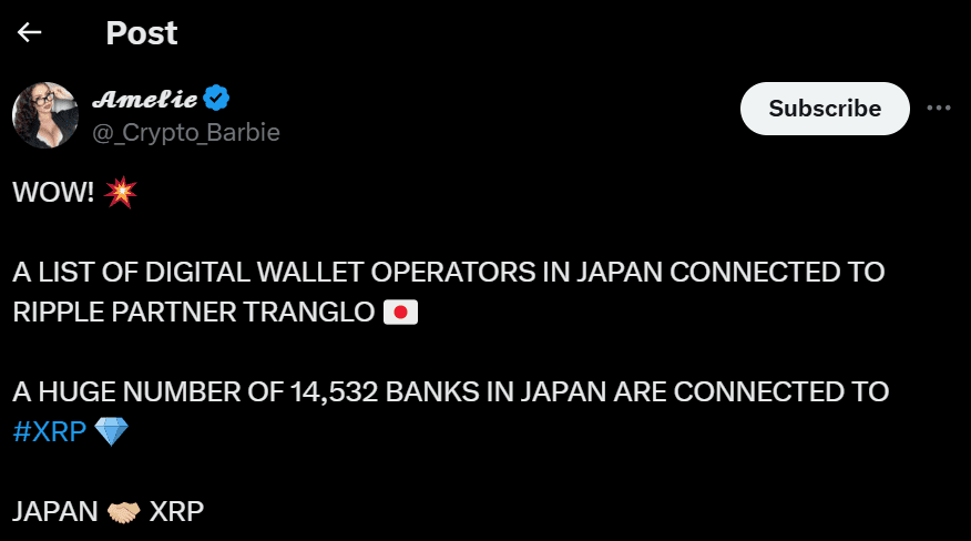Japan's Banking Network Tied to XRP. Source: Amelie