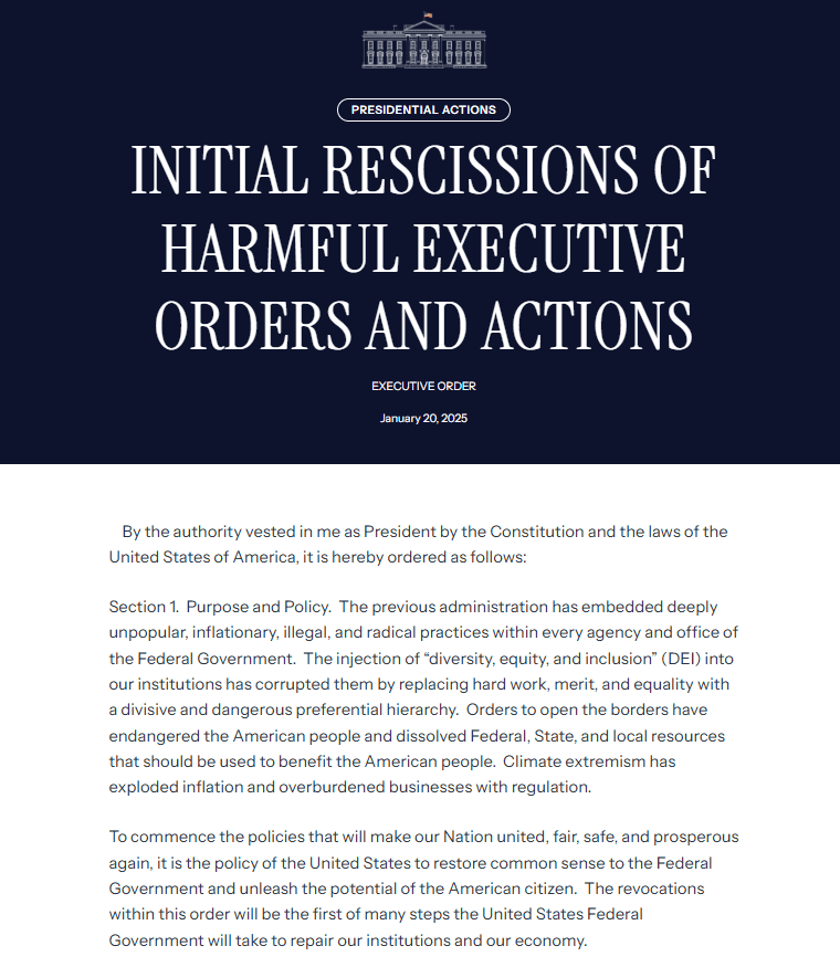 Executive Order Rescinding Federal Policies. Source: White House.