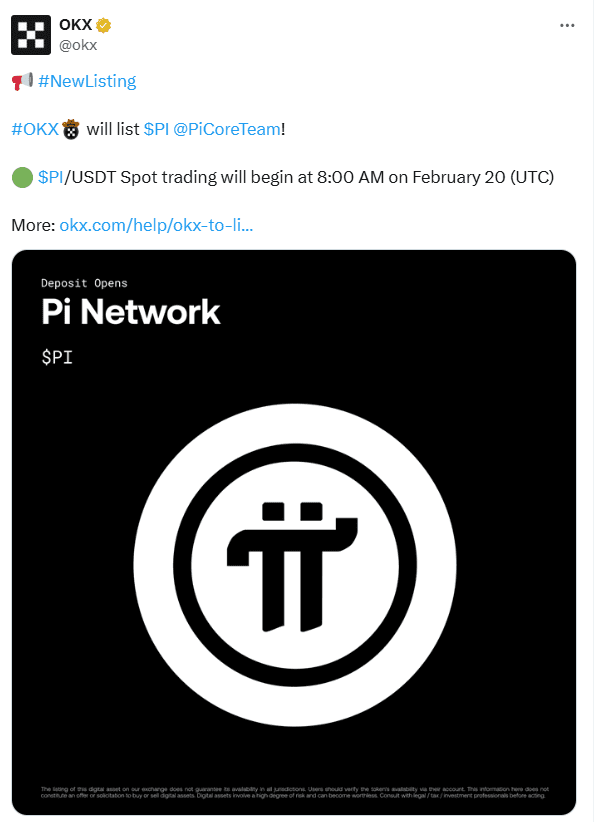 Pi Network Listed on OKX. Source: OKX Pi Network Listed on OKX. Source: OKX