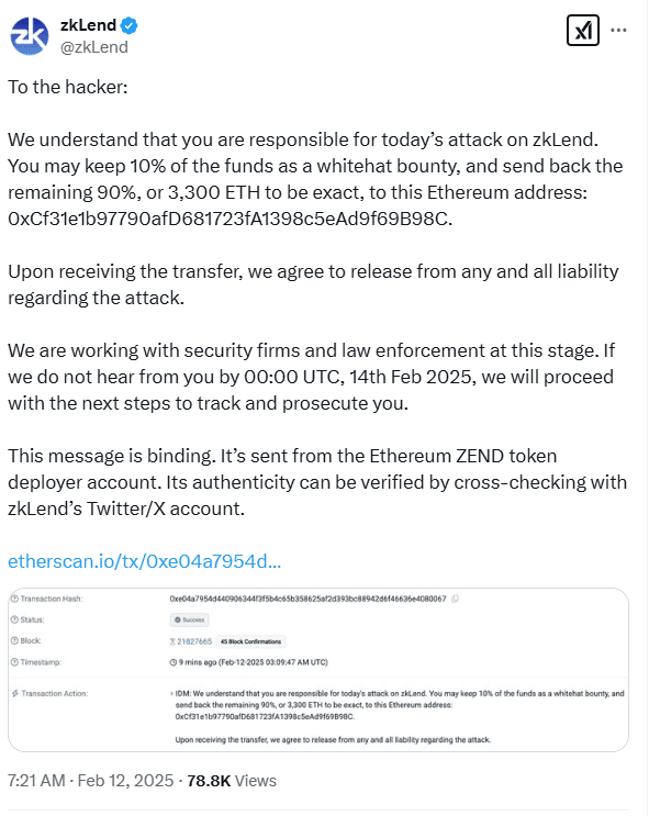 zkLend Demands Hacker Return $9.5M. Source: zkLend