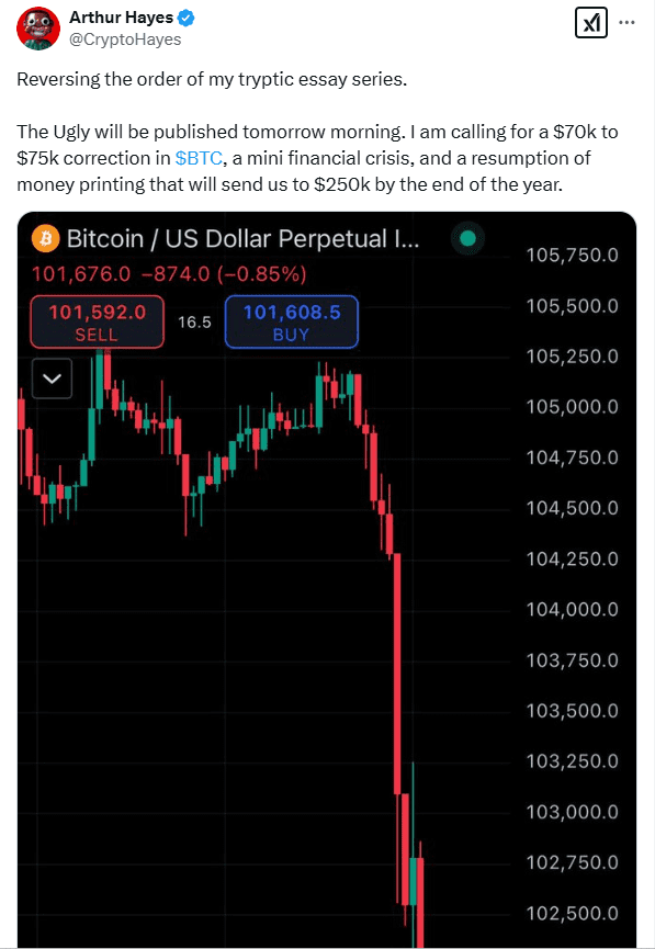 Arthur Hayes Predicts Bitcoin Drop to $70K. Source: Arthur Hayes