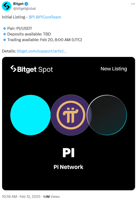 Bitget Announces Pi Network (PI) Spot Listing With Trading Set for February 20. Source: Bitget