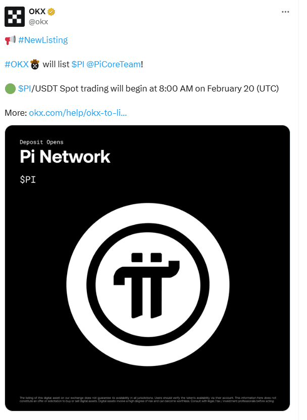 OKX Lists Pi Network Token. Source: OKX