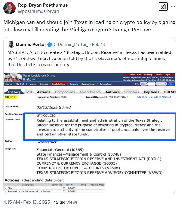 Michigan Crypto Reserve Bill Push. Source: Rep. Bryan Posthumus