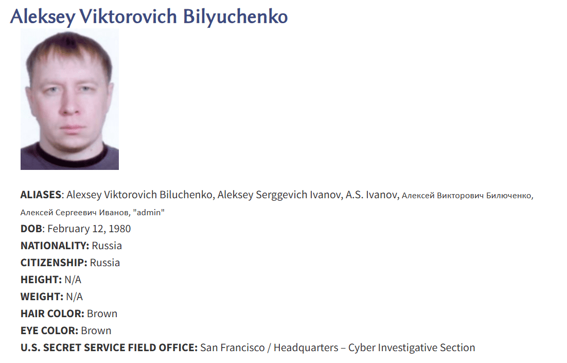 Aleksey Bilyuchenko, Alexander Vinnik's partner, Wanted by US in BTC-e case. Source: U.S. Secret Service