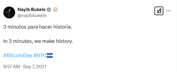 El Salvador’s Bitcoin Adoption Milestone. Source: Nayib Bukele