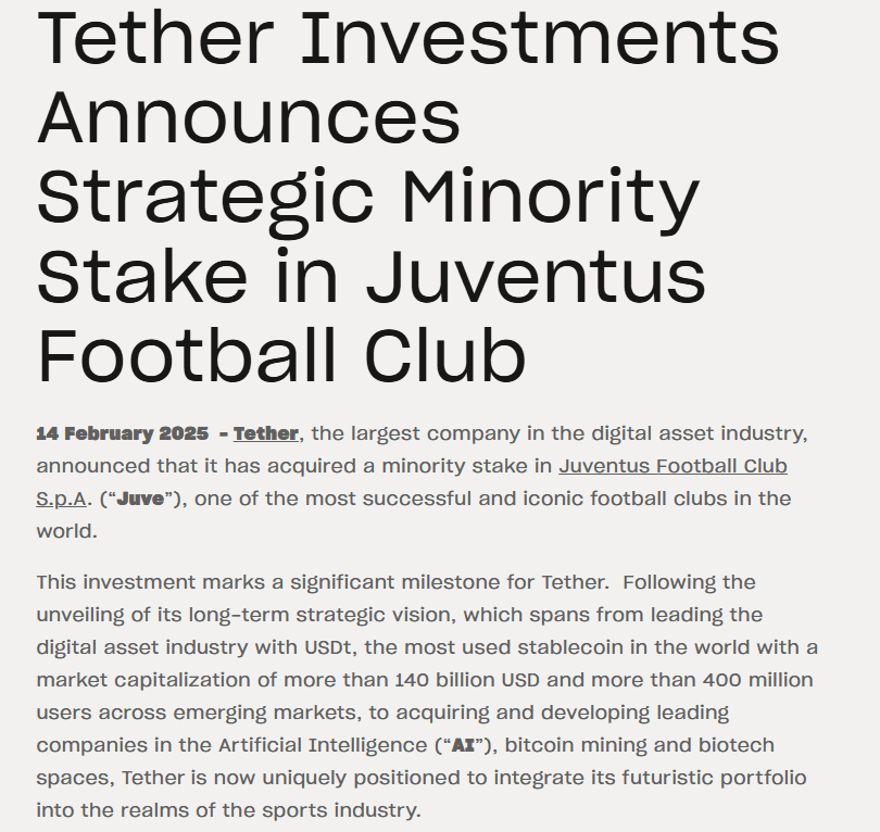  Tether's Stake in Juventus. Source: Tether