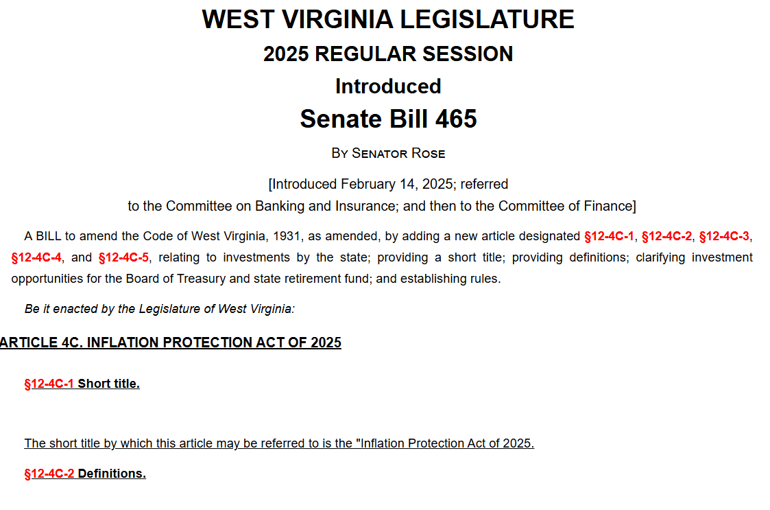 West Virginia Senate Bill 465 on Digital Asset Reserves. Source: West Virginia Legislature