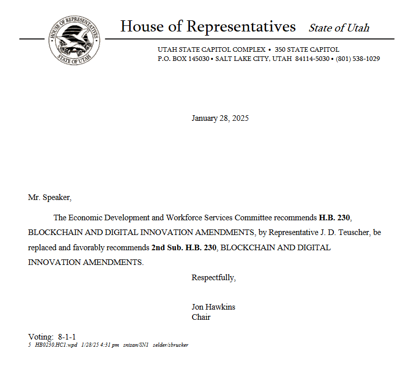 Utah House Bill 230 on Blockchain and Digital Innovation. Source: Utah House of Representatives